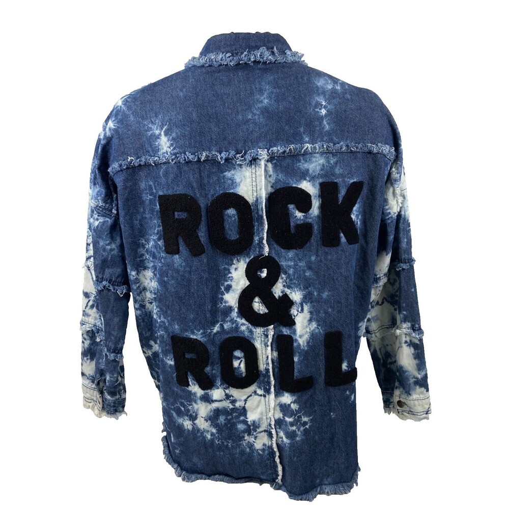 Elan Women Medium Rock & Roll Denim Shirt Jacket Snap Bleached Fringe Blue